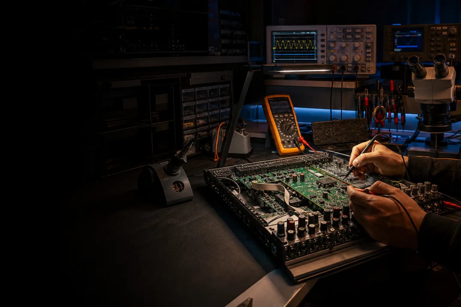 Diagnóstico técnico de equipamento audiovisual em laboratório